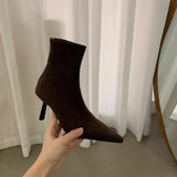 Temperament Autumn And Winter Pointed Elastic Boots Female New Net Red Thin Suede Fashion Commuter Ankle Boots Heel Ankle