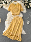 Women Polka Dot Chiffon Two Piece Set Vintage V-Neck Bandage Short Tops + High Waist Mermaid Skirt 2Pcs Suits New