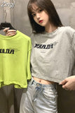 Sleeve T-shirts Women Letter Printed Crop Top Soft All-match Korean Style Womens Tees Students Chic Loose Retro