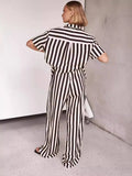 Zingj Summer Women's Fashion Casual Polo Collar Stripe Color Patchwork Short Sleeve Set