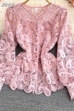 Vintage Red/White/Pink Hollow Out Lace Blouse Women Elegant Lantern Long Sleeve Single Breasted Tops Female Blusas