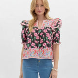 Summer New Women's Small Fresh Print Flowers Short-Sleeved Leisure Commute OL Top Women's