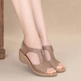 Women 2025 New Fish Mouth Leather Slope And Soft Soles Of The Elderly Sandals Fashion Zipper Middle-Aged Mother