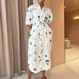 Women's New Printed Collar Long Collection Belt With Shirt Dress