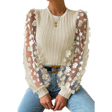 Women's Wear Mesh Small Flower And Snow-Flake Shirt Women 2025 Spring And Summer Round Collar Thin-Sleeved