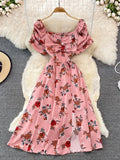 Vintage Women Printed Dresss Sexy Square Collar Short Puff Sleeve High Waist A-Line Vacation Beach Vestidos Female
