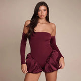 Solid Color Round Straight Angle Shoulder Horn Folded Bodybrested Lady Dress Outside The