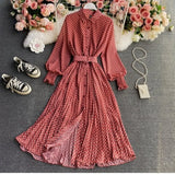 Shirt Collar Wave Dot Dress Spring And Autumn New Gentle Wind Temperament To Close The Waist Of The Big Folded Fork