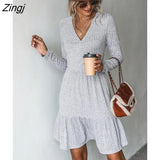 PETAL Ribbed A-Line Mini Dress For Woman Grey Sexy V-neck Long Sleeve Party Dress 2023 Spring Autumn Female