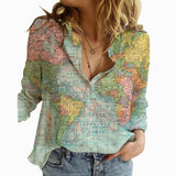 Map Straight Type Printed Long-sleeved Women's