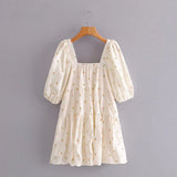 Women's New Square Collar Flower Print Short Sleeve Long Dress