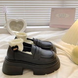 Zingj Simple Black Round Head Thick Bottom Small Leather Shoes Female 2023 New Autumn Retro One Foot Pedal Thick Heel Loafers-Outfit