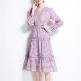 Court Wind Shattered Flower Lantern Sleeve Dress Women's Spring New Hollow Hook Flower V Collar Light Luxury Temperament Long