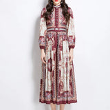 Retro Lantern Sleeve Single Buckle Positioning Print Dress Female Elegant Thin Temperament
