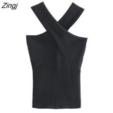 New Women Chic Sexy Cross Strap Black Knitting Camis Tank High Street Ladies Summer Slim Crop Tops