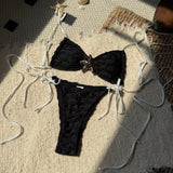 2025 Sexy Bare Back Cloth Splicing Drawstring Strap Split Swimsuit