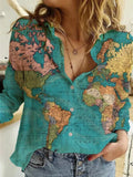 Women's Clothing 2025 Summer New Shirt Fashion Map Depicts Printed Long-Sleeved Top
