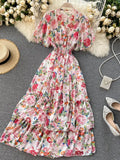 Women Floral Printed Long Dress Sexy V-Neck Short Sleeve High Waist Ruffle Beach Vacation Vestidos Female Maxi Robe