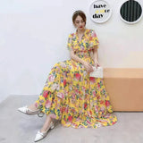 Short-Sleeved Chiffon Print Big Swing 100 Fold Design Dress A-Dress Loose Waist With Inner Lining Dress