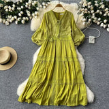 Retro Court Style Dress Women's Summer New High-End Temperament Splicing Lace Embroidered Long-Sleeved