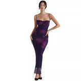 Girded Skinny Sexy Dress With Print Slings Long Open Dress Women's Spring