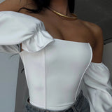 Sexy Hottie Body Fish Bone Bra Splicing Bubble Sleeve Niche Design Long-Sleeved