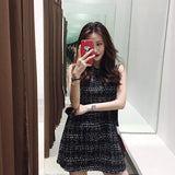 Summer Women Tweed Bandage Dresses for Women Party Sleeveless Bow O-Neck Plaid Elegant Casual Empire Bodycon Short