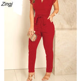 Women's One Piece Suit Long Pants V-neck Flying Sleeve Pleated Jumpsuit With Belt Summer Casual Romper Loungewear Sexy