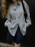 Literary And Artistic Girl The Atmosphere Feels The Bow Loose And Thin And Thin With Comfortable And Gentle Striped Shirt Top