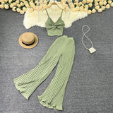 Zingj Suit Female Feel V-Neck Kink Sling Vest Two-Piece High Waist Slim Pleated Wide Leg