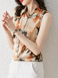Satin Women's Silk Blouse Shirt Sleeveless Women Shirts Blouses Polo-Neck Chiffon Print Laides Tops Summer Vintage