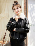 Fur Collar Plus Velvet Coat Women 2025 Winter New Small Loose PU Locomotive Jacket