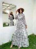 Light Luxury Temperament Dress Female High-End Feel Strapped Waist Three-Dimensional Flower Lantern Sleeve Print