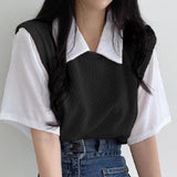 Zingj Summer Polo Lapel Fake Two College Wind Contrast Color Short-Sleeved T-Shirt Women's Loose Casual Versatile Top