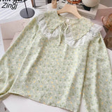 Floral Print Shirt Women Sweet Cute Peter Pan Collar Long Sleeve Laced Blouse Japanese Kawaii Lolita Tops Female