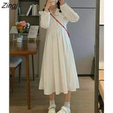 Sleeve Midi Dress Women Classic Peter Pan Collar Schoolgirls Lovely White Harajuku Korean Style New Arrivals Spring