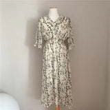 Korea Fashion Clothing Summer Slim Elastic Waist A Line V Neck Elegant Office Lady Floral Chic Chiffon Long Dress