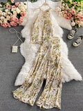 Vacation Beach Women Two Piece Set Elegant Halter Sleeveless Chiffon Tops And High Waist Wide Leg Pants Female New