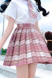 Pink JK Women Pleated Skirt Summer High Waist Fashion Tie Plaid Mini Skirt A Line Cute Sweet Japan Girls Dancing