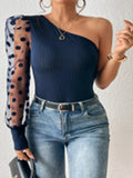 Zingj Women's 2024 New Inclined Shoulder Single Sleeve Wave Dot Mesh Splicing Long Sleeve Waist Show Thin Female Jacket