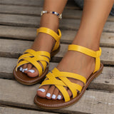 Round Head Flat Woven One-Word Buckle Sandals Women's Large Size Simple Beach Roman