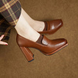 2025 New Mid-Slip Women's OL Professional Fashion High-Heeled Shoes Square Heel Retro French Leather