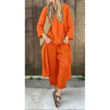 Spring And Autumn Cotton Tamply Size Women's Loose Casual V-Neck Long-Sleeved Trousers Two-Set