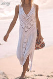 Sleeveless Dress Women Knitted Summer Beach Dress Female Fashion Hollow Out SwimSuit Cover Ups Maxi Dress Vestido