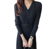 Chic Style French Small Autumn And Winter Thin V-Neck Knitting Big Swing With Bottom 100 Fold Dress