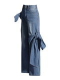 Zingj 2024 New Wash Do Old Splicing Bow Wide Leg Pants Design Sense High Waist Show Skinny Jeans