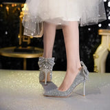 High-Heeled Women 2025 Spring And Autumn New Spring And Autumn New Sleuing High-End Water-Drilled Bow Tip Wedding Shoes Single Shoes