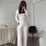 Summer New Women's Round Neck Solid Color Wide Leg Pants Temperament Commut Fashion