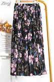 Women 2023 High Waist Floral Print Mid Calf Long Pleated Skirt Girls Summer Vintage Elegant Chiffon Midi