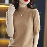 Zingj And Summer Loose And Versatile Wool Knit Short Sleeve Women Plus-Size Round-Neck Solid Color Bottom Knit T-Shirt Thin-Outfit